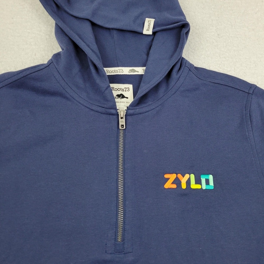 Roots73 Hoodie Pullover Mens Small Blue Zylo Logo Half Zip Organic Cotton Blend